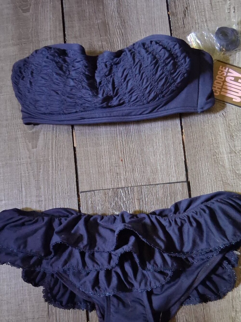 Y2K Juicy Couture Navy Ruffle Strapless Bikini Small Top Medium Bottom New